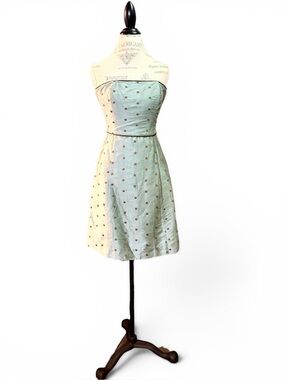 Molly B Silk Mint Blue Polka Dot Strapless Mid-Length Dress Sz 2